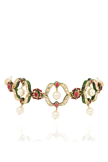 Gold Finish Kundan Polki & Ruby Choker Necklace Set