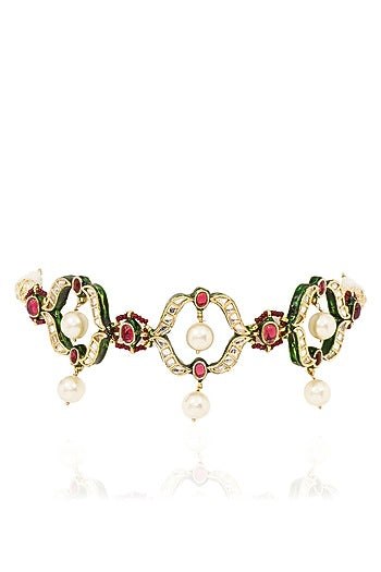 Gold Finish Kundan Polki & Ruby Choker Necklace Set