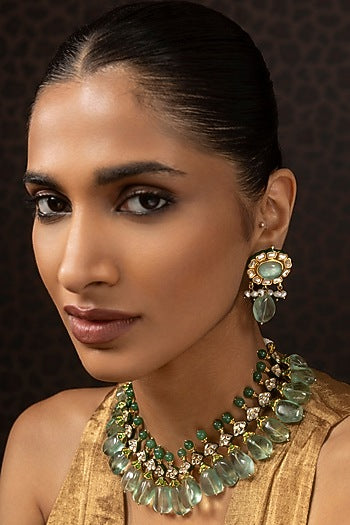 Gold Finish Kundan Polki & Fluorite Drop Choker Necklace Set