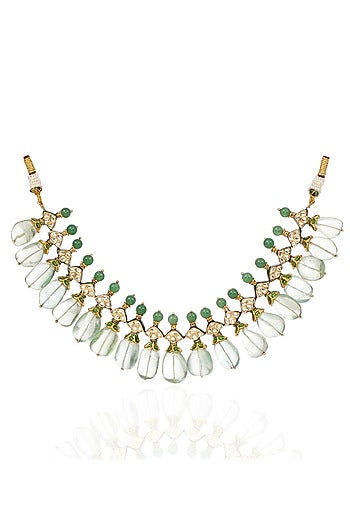 Gold Finish Kundan Polki & Fluorite Drop Choker Necklace Set