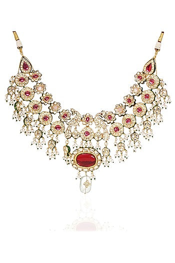 Gold Finish Kundan Polki & Ruby Choker Necklace Set