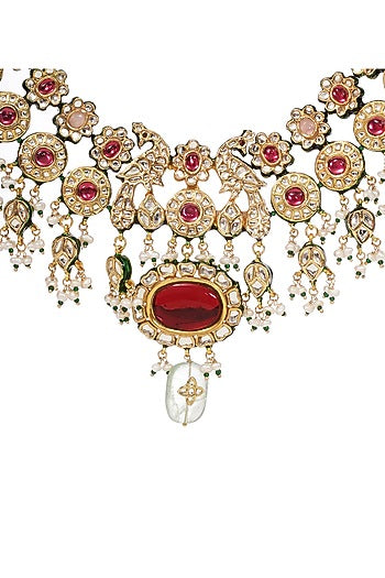 Gold Finish Kundan Polki & Ruby Choker Necklace Set