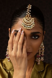 Gold Finish Kundan Polki & Green Onyx Maangtikka