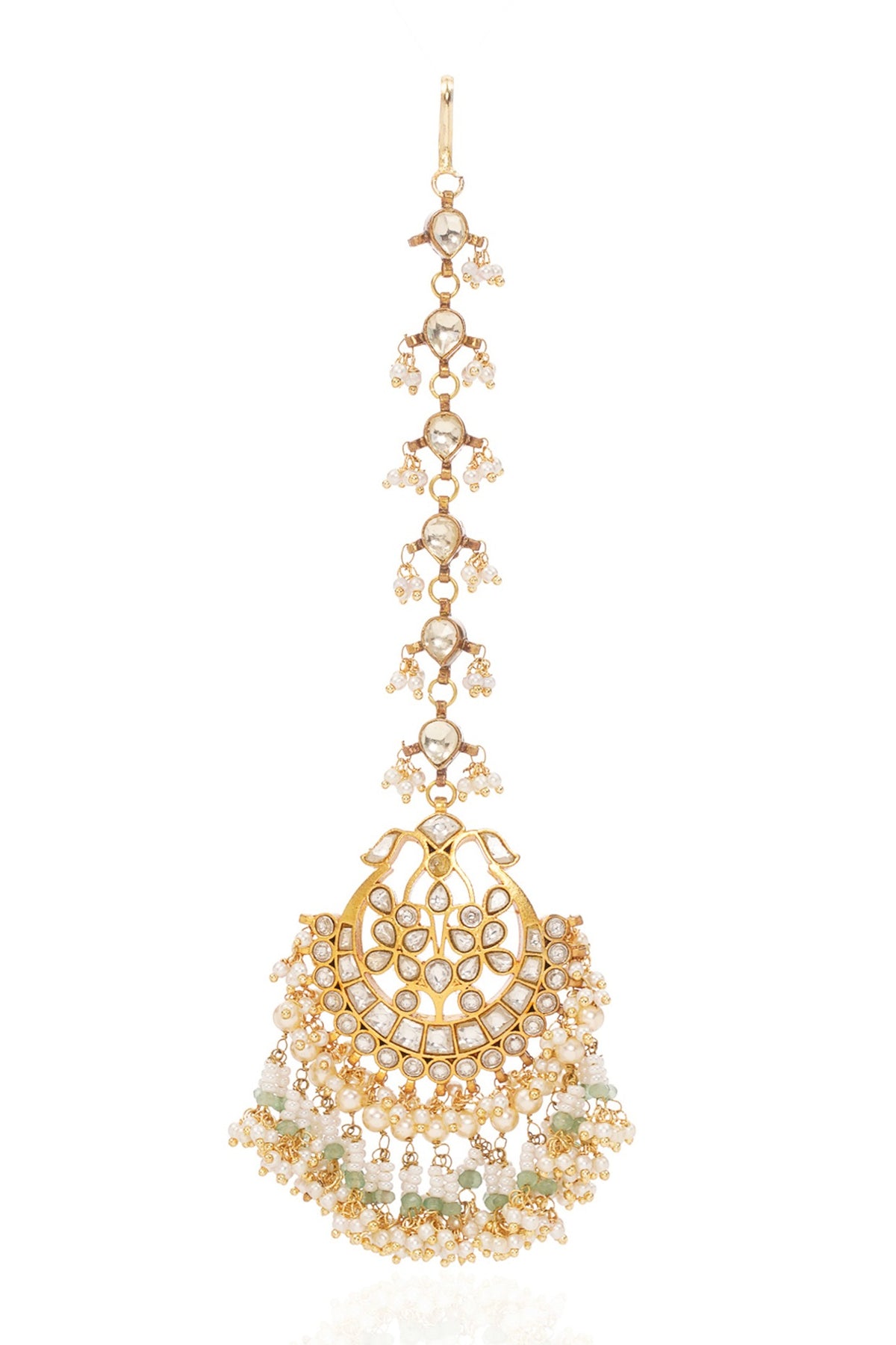 Gold Finish Kundan Polki & Green Onyx Maangtikka