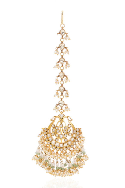 Gold Finish Kundan Polki & Green Onyx Maangtikka