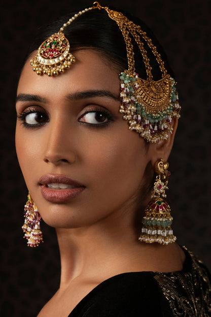 Gold Finish Kundan Polki & Green Onyx Maangtikka