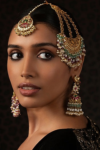 Gold Finish Kundan Polki & Green Onyx Maangtikka