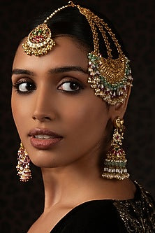 Gold Finish Kundan Polki & Green Onyx Maangtikka