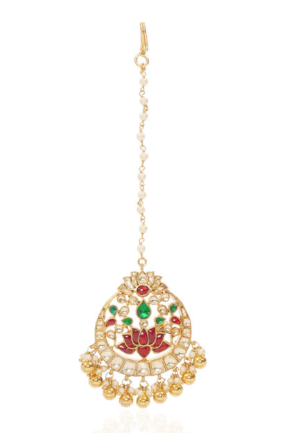 Gold Finish Kundan Polki & Green Onyx Maangtikka