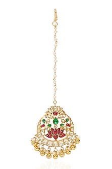 Gold Finish Kundan Polki & Green Onyx Maangtikka