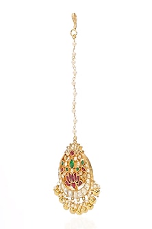 Gold Finish Kundan Polki & Green Onyx Maangtikka