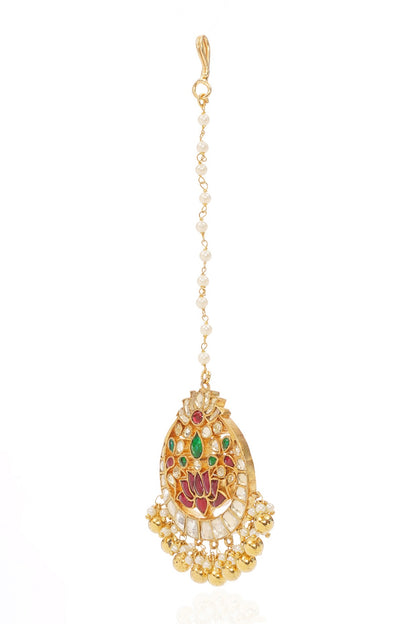 Gold Finish Kundan Polki & Green Onyx Maangtikka