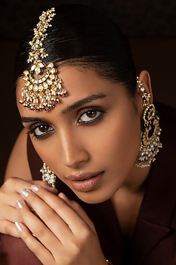 Gold Finish Kundan Polki & Ruby Maangtikka