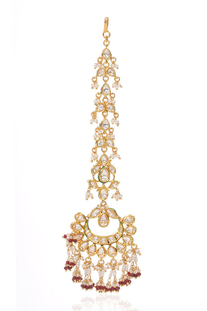 Gold Finish Kundan Polki & Ruby Maangtikka
