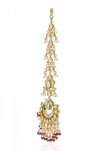 Gold Finish Kundan Polki & Ruby Maangtikka