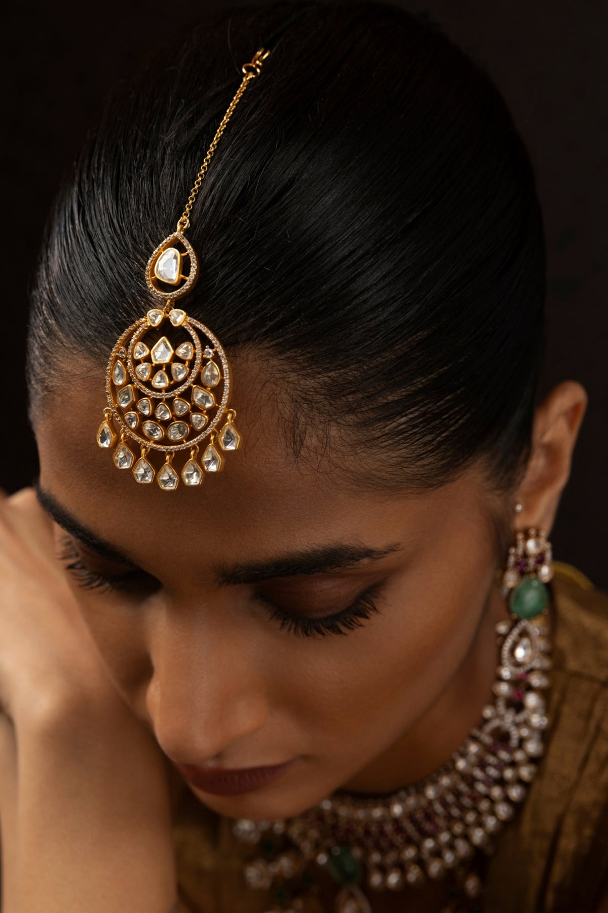 Gold Finish Moissanite Maangtikka In Sterling Silver