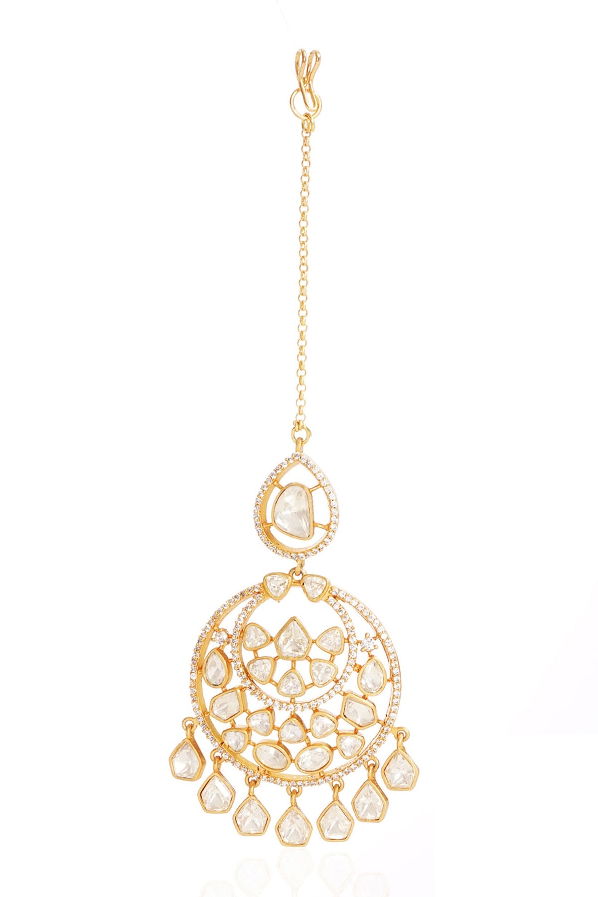 Gold Finish Moissanite Maangtikka In Sterling Silver