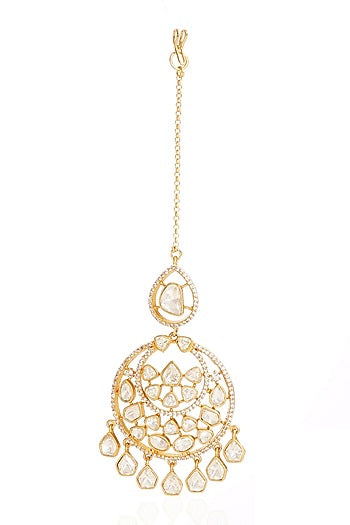 Gold Finish Moissanite Maangtikka In Sterling Silver