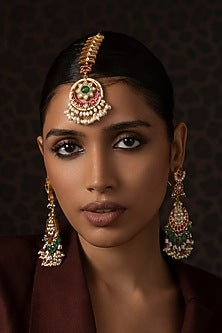 Gold Finish Kundan Polki & Pearl Maangtikka