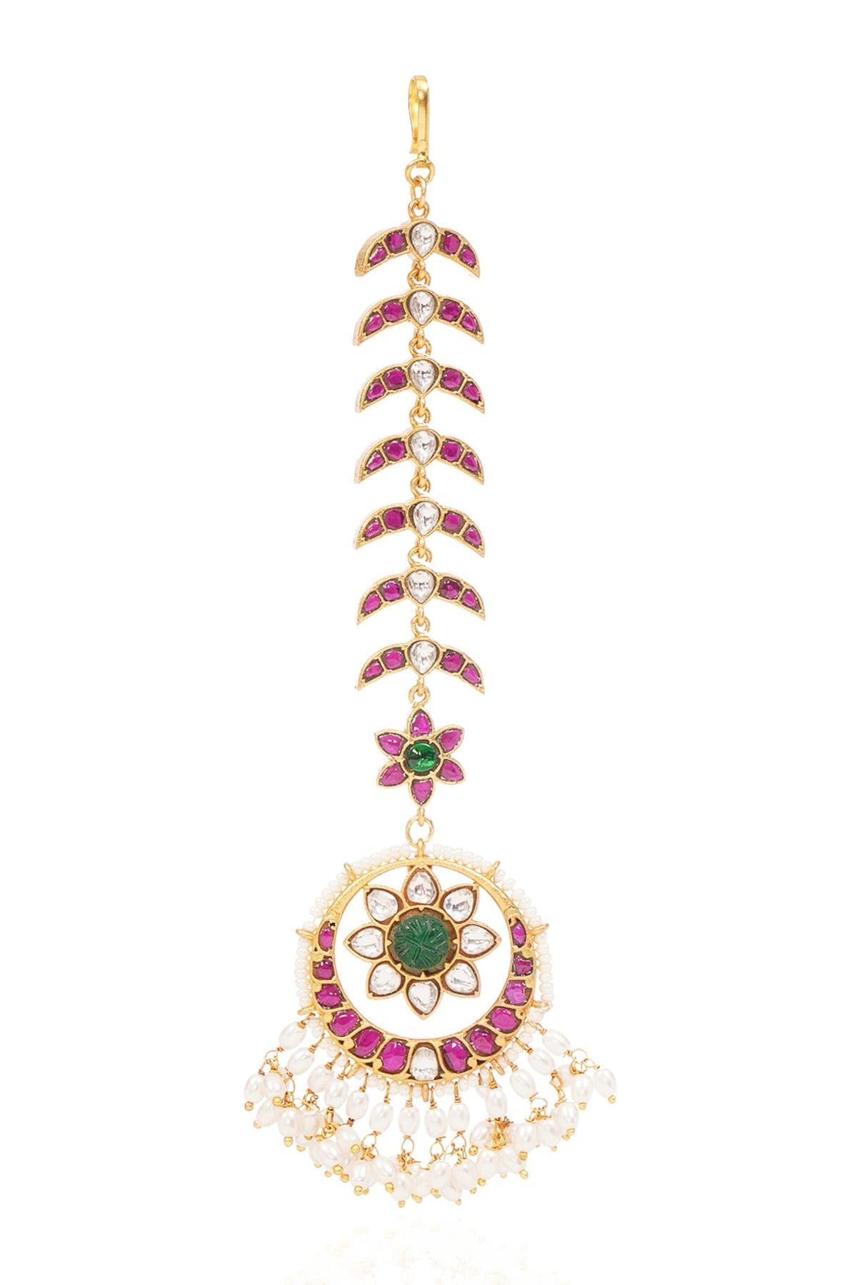 Gold Finish Kundan Polki & Pearl Maangtikka