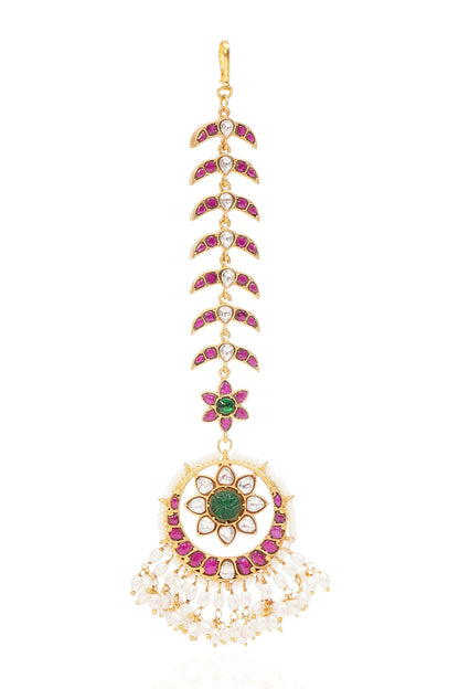 Gold Finish Kundan Polki & Pearl Maangtikka