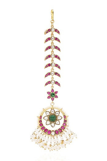Gold Finish Kundan Polki & Pearl Maangtikka