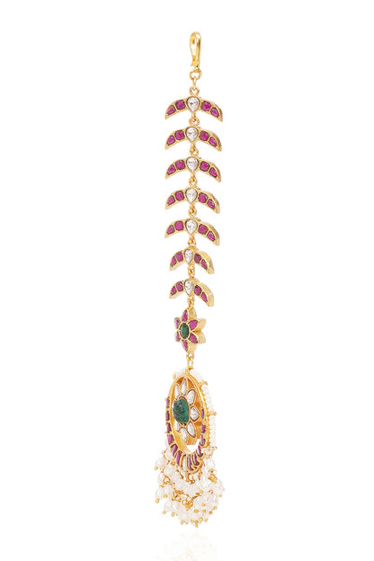 Gold Finish Kundan Polki & Pearl Maangtikka