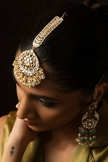Gold Finish Kundan Polki & Pearl Maangtikka