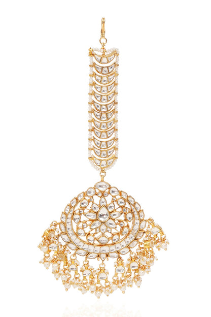 Gold Finish Kundan Polki & Pearl Maangtikka