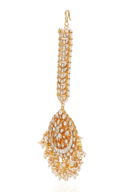 Gold Finish Kundan Polki & Pearl Maangtikka