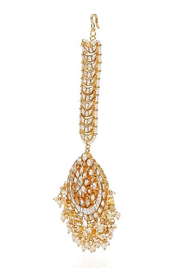 Gold Finish Kundan Polki & Pearl Maangtikka