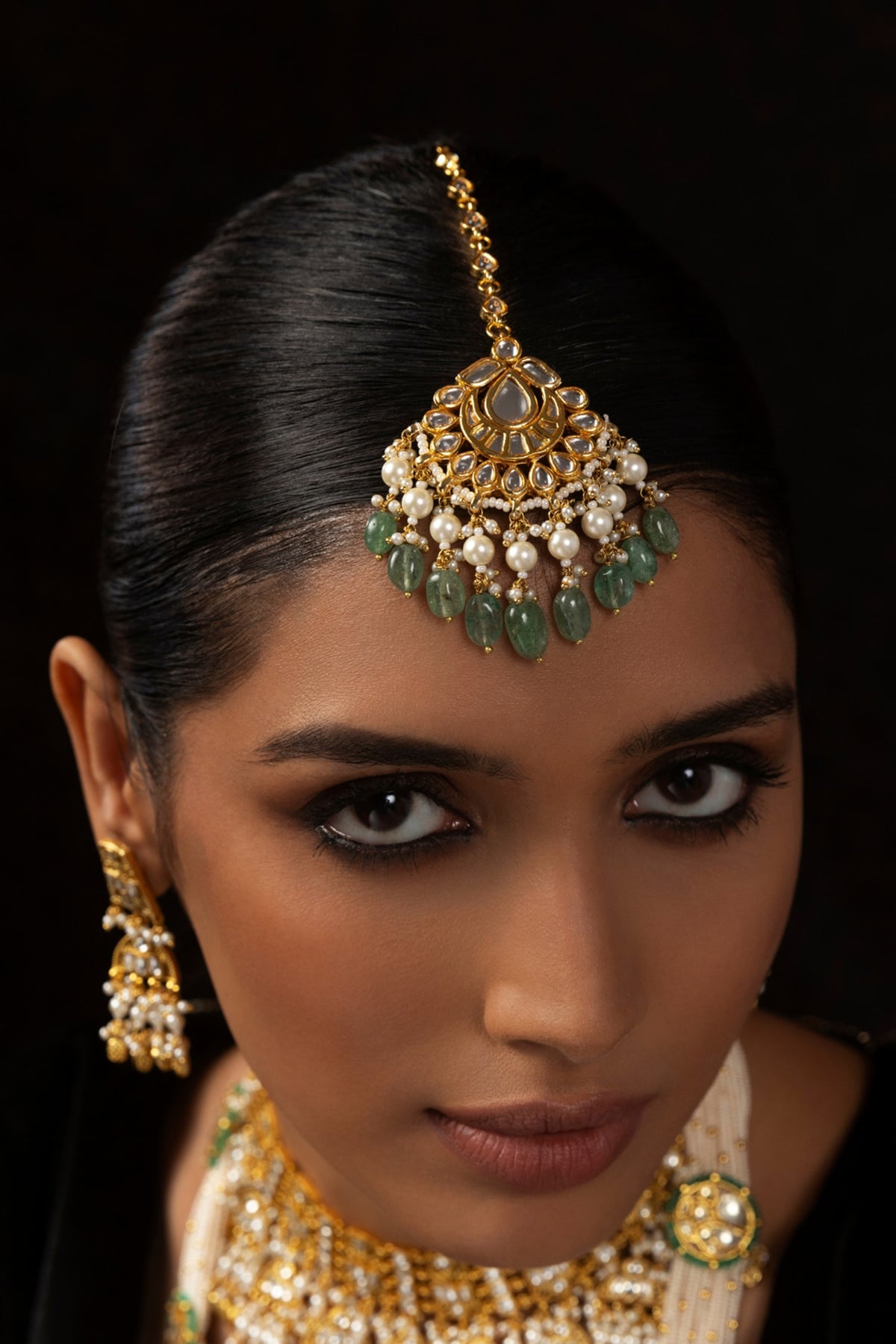 Gold Finish Kundan Polki & Pearl Maangtikka