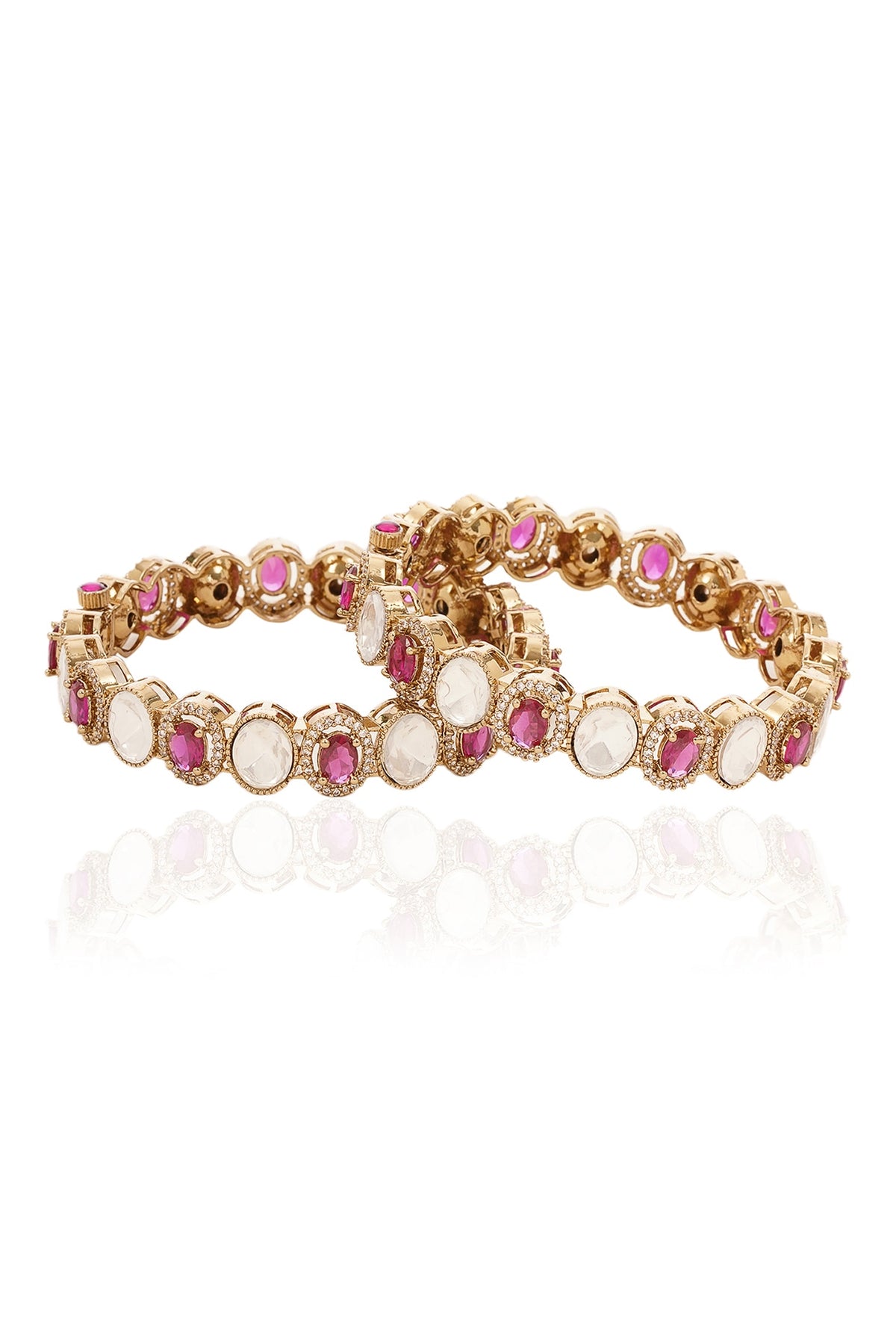 Antique Gold Finish Ruby & Kundan Polki Bangles (Set Of 2)