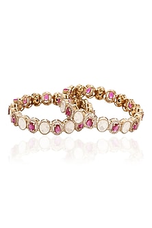 Antique Gold Finish Ruby & Kundan Polki Bangles (Set Of 2)