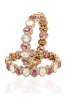 Antique Gold Finish Ruby & Kundan Polki Bangles (Set Of 2)