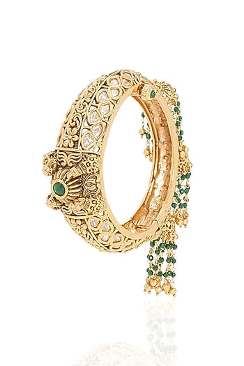 Gold Finish Kundan Polki & Pearl Openable Bangle