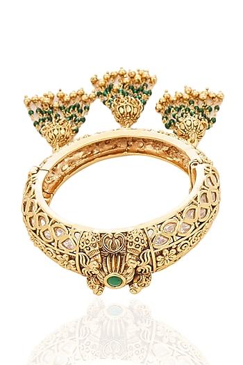 Gold Finish Kundan Polki & Pearl Openable Bangle
