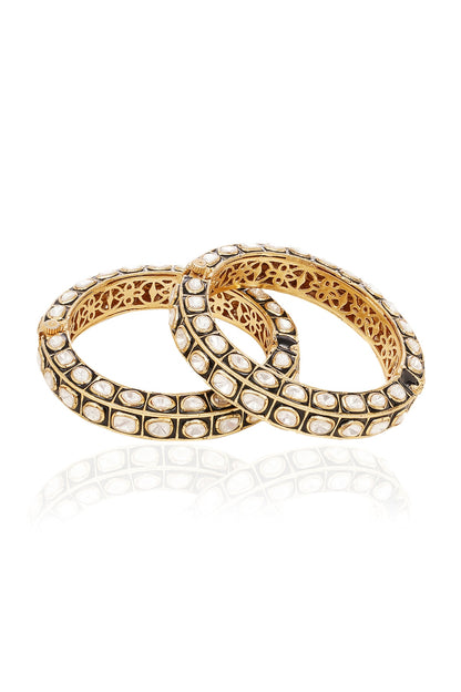 Gold Finish Black Kundan Polki Bangles (Set Of 2)