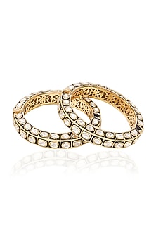 Gold Finish Black Kundan Polki Bangles (Set Of 2)