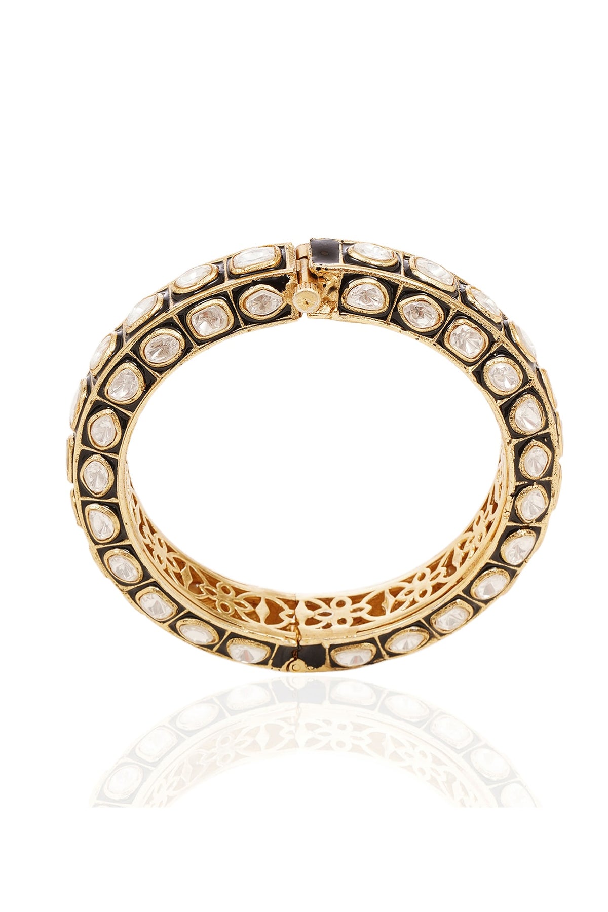 Gold Finish Black Kundan Polki Bangles (Set Of 2)