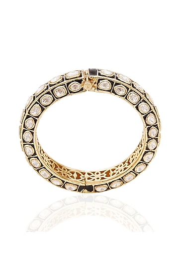 Gold Finish Black Kundan Polki Bangles (Set Of 2)