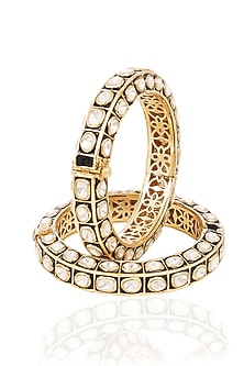 Gold Finish Black Kundan Polki Bangles (Set Of 2)