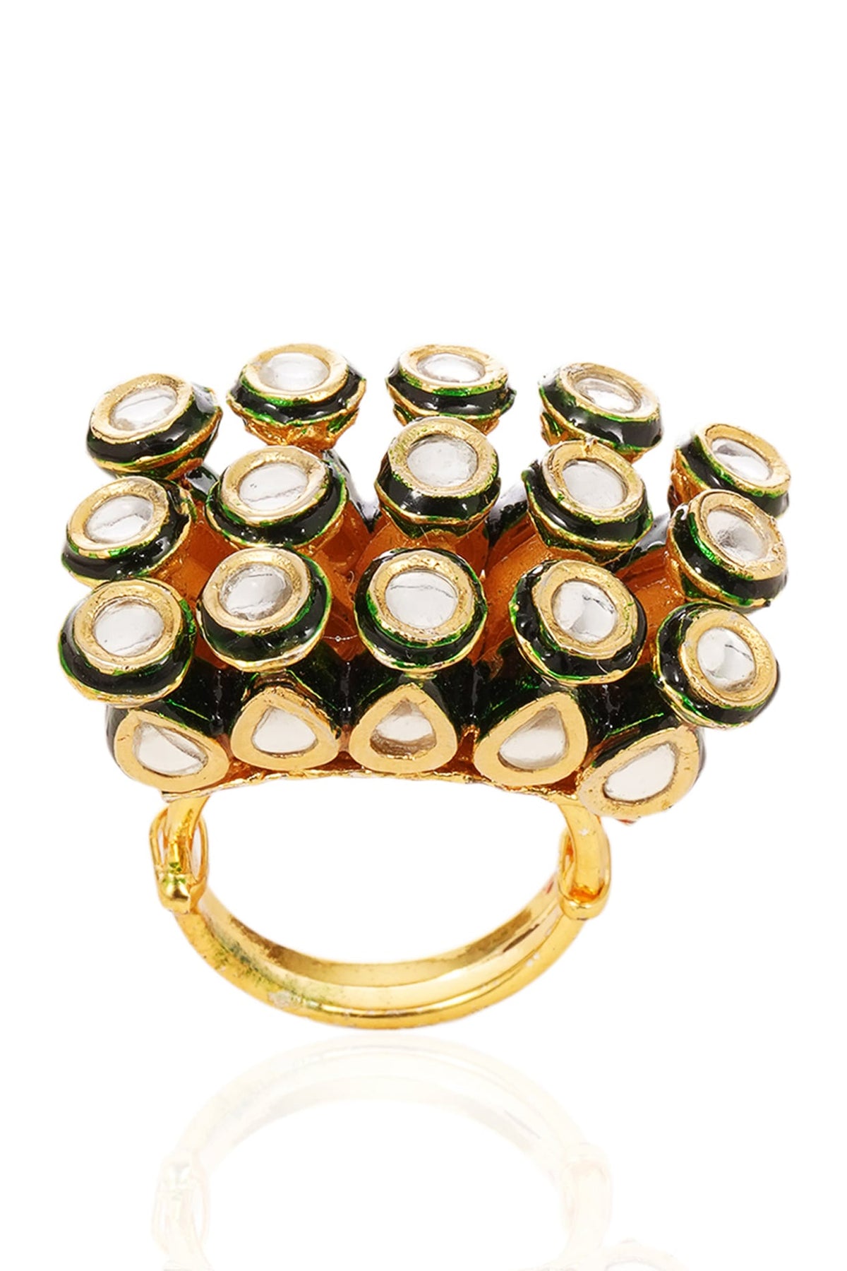 Gold Finish Green Kundan Polki Ring