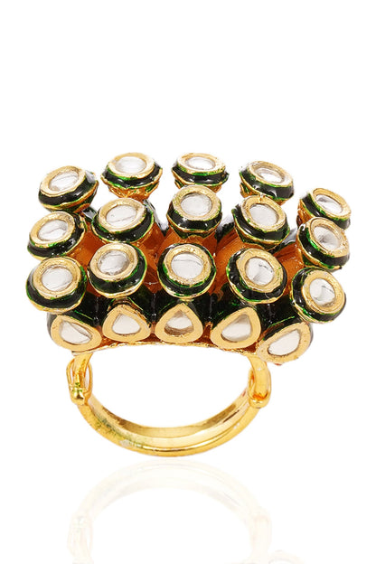 Gold Finish Green Kundan Polki Ring