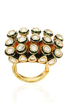 Gold Finish Green Kundan Polki Ring