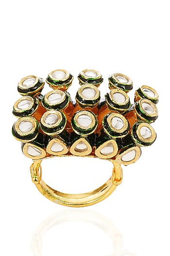 Gold Finish Green Kundan Polki Ring