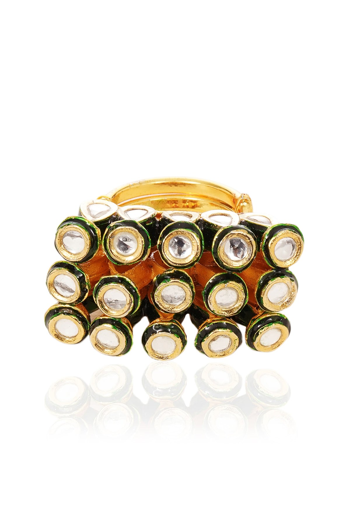 Gold Finish Green Kundan Polki Ring