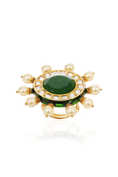 Gold Finish Kundan Polki & Navratna Stone Ring