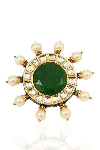 Gold Finish Kundan Polki & Navratna Stone Ring