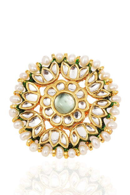 Gold Finish Green Kundan Polki Ring